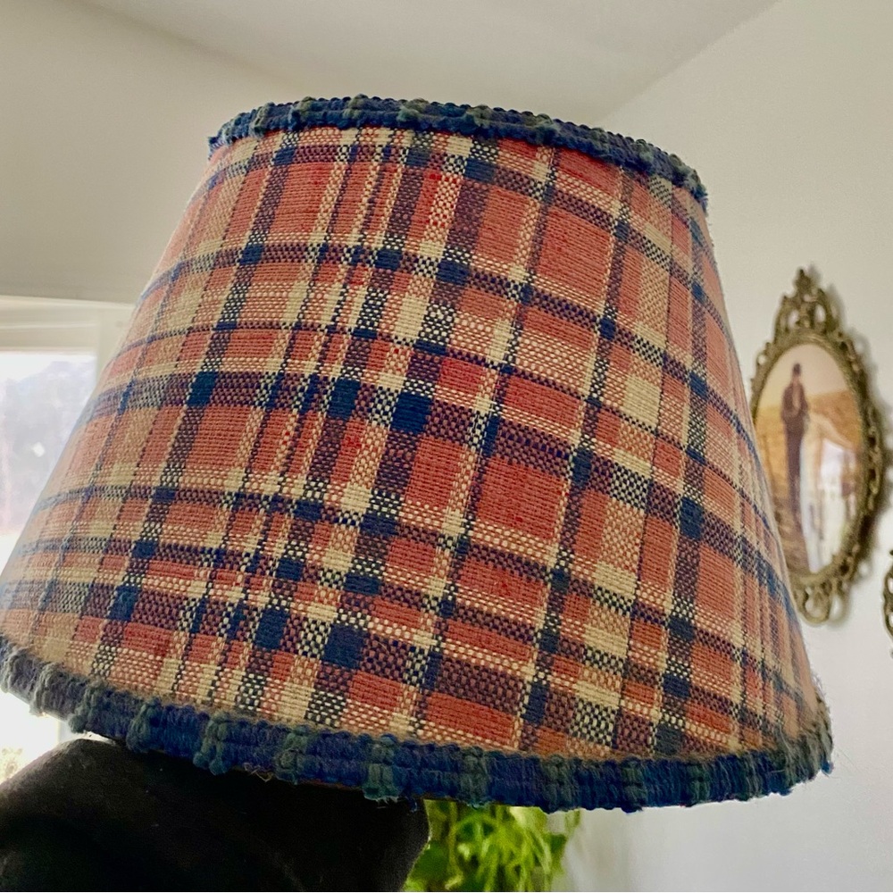 Vintage 1980s Plaid pink and Blue Fabric Drum Lamp Shade - Classic Home Accent
